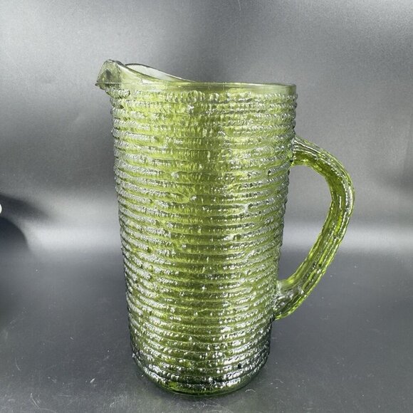 1960s Anchor Hocking Soreno Avocado Green Glass Pitcher Jug Green Textured VTG - Picture 12 of 13